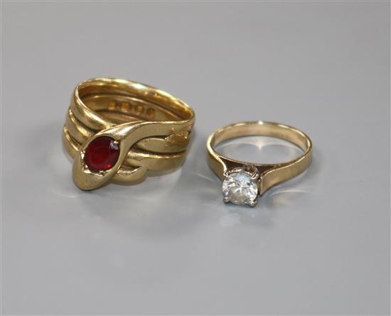 A Victorian 18ct gold and paste set serpent ring and a 9ct gold and paste set ring.